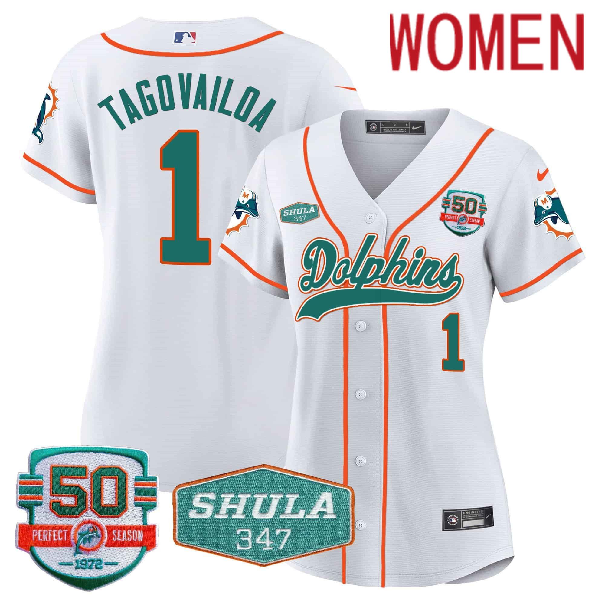Women Miami Dolphins #1 Tagovailoa White 2024 Nike 50th Don Shula Memorial Patch Baseball NFL Jersey->women nfl jersey->Women Jersey